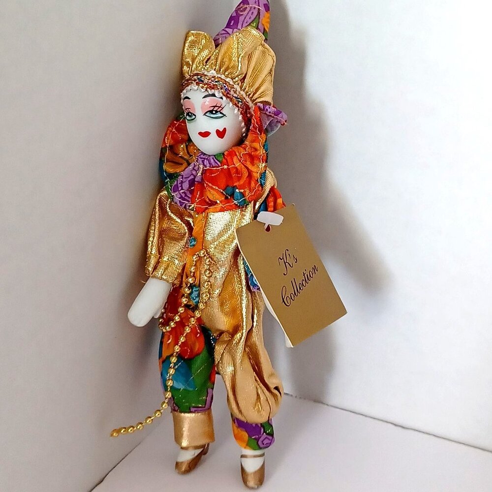 Mardi Gras Clown Doll 7.5" Orange Yellow Blue Gold Beads K's Collection